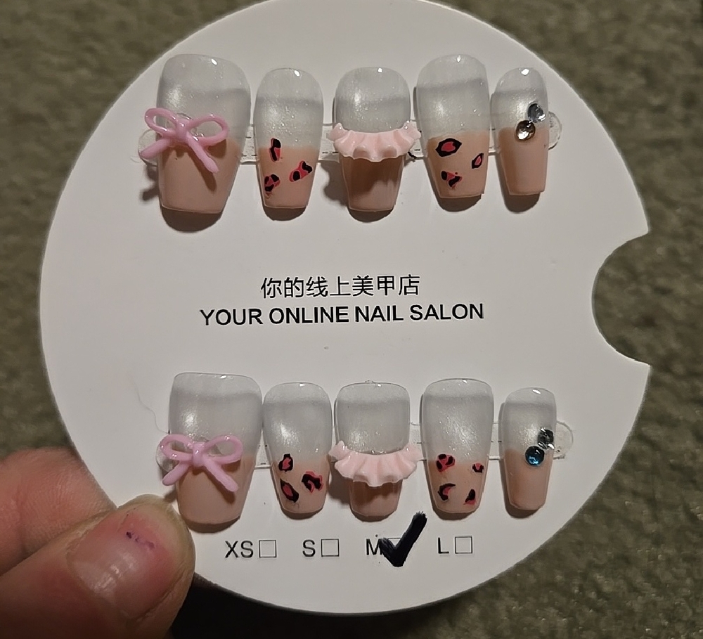 Pink Bow & Leopard Accent False Nail Set